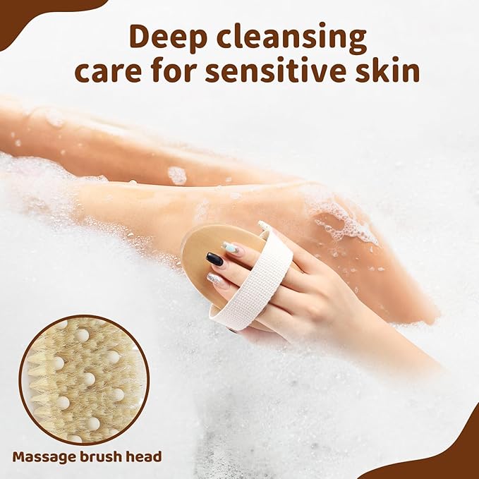 4 Pack Dry Body Brushing Brushes, Natural Bristle Exfoliating Scrub Brushes with Massage Nodes for Lymphatic Drainage, Skin Firming, Acne Treatment, and Cellulite Reduction
