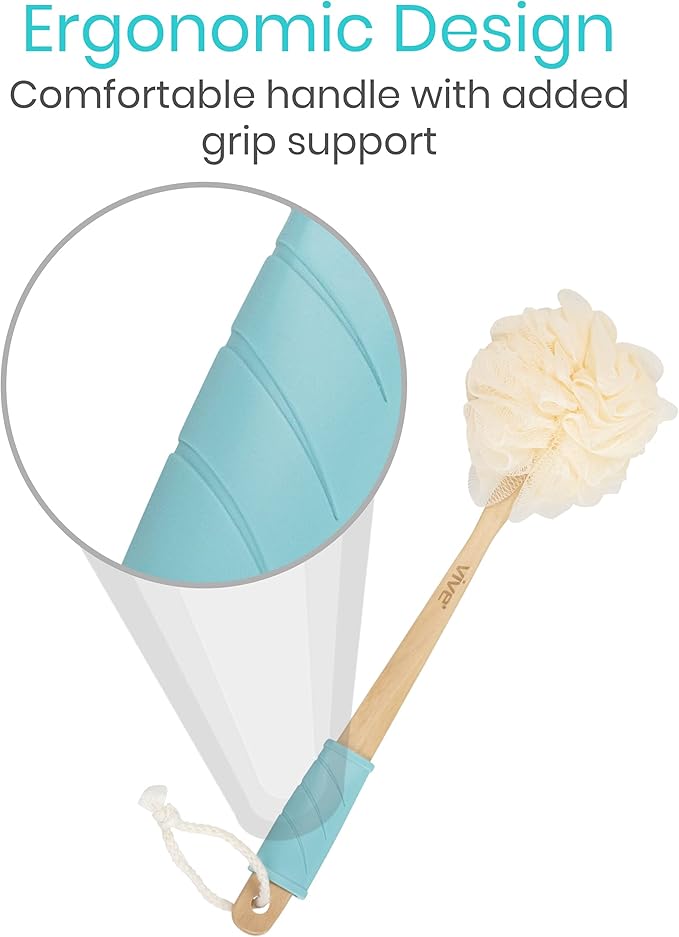 Vive 17” Shower Loofah with Long Handle - Exfoliating Back & Body Scrubber for Men & Women - Luffa Sponge on a Stick for Bathing, Cleaning - Includes Extra Handheld Lufa, Hook & String to Hang on Wall