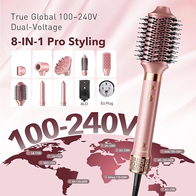 Dual Voltage StyleVibe 8-in-1 Air Styler, Hair Dryer & Blow Dryer Brush with Travel Case - Auto Wrap Curls (L/R), Fast Drying, Thermal Brush for Blowouts & Frizz-Free Volume, No Heat Damage