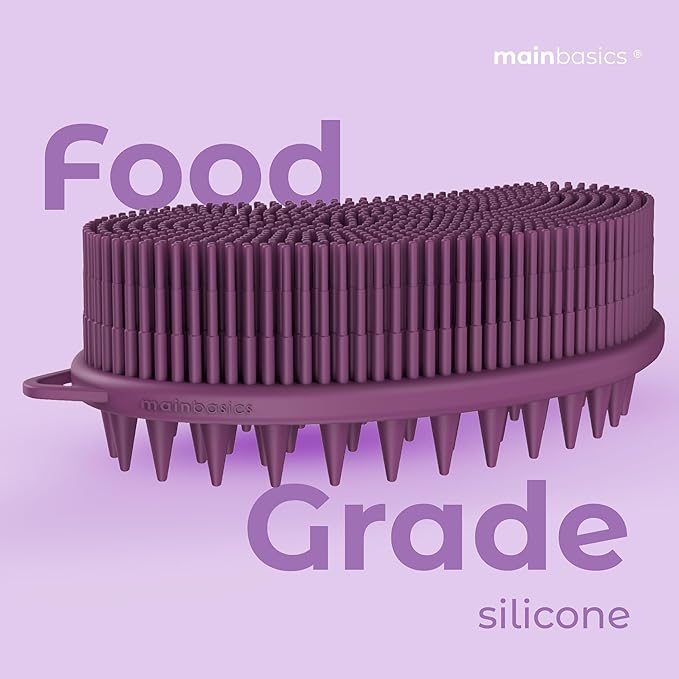MainBasics Silicone Body Scrubber – Dual-Sided Shower & Scalp Scrubber, Gentle Silicone Loofah Alternative for Deep Clean (Purple, Scalp)