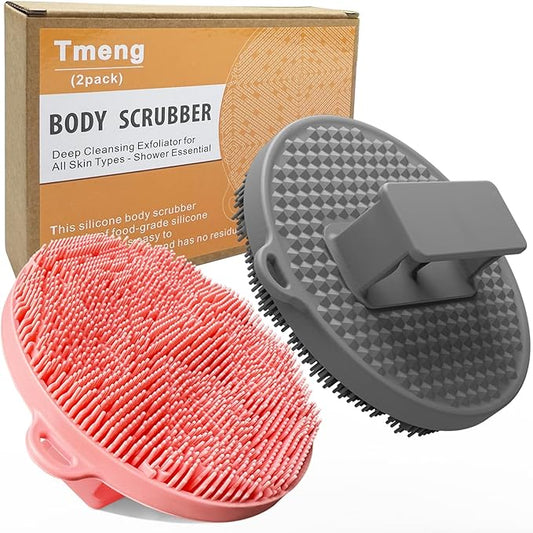 Silicone Body Scrubber-Silicone Shower Brush for Gentle Exfoliating & Lathering with Body Scrub & Wash, Durable & Hygienic, Deep Cleansing Exfoliator for All Skin Types - Shower Essential (Grey+Pink)