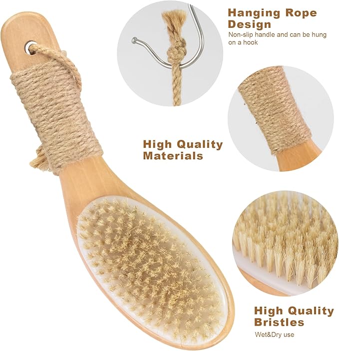 9.8" Dry Brush for Body with Anti-Slip Handle,Wet&Dry Brushing Body Brush for Body,Natural Bristles,Back Scrubber Bath Tool for Men&Women