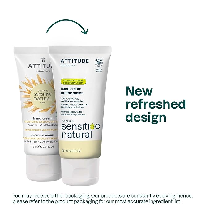 ATTITUDE Hand Cream for Sensitive Skin with Oat, EWG Verified, Dermatologically Tested, Vegan, Argan Oil, 2.5 Fl Oz