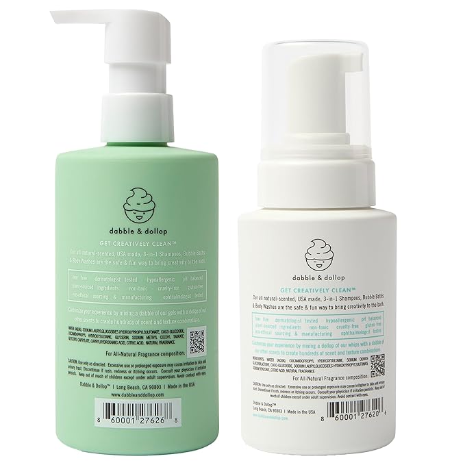 Dabble & Dollop Honeydew Melon + Vanilla Body Wash & Shampoo – 3-in-1 Natural Bubble Bath for Kids, No Parabens or Sulfates, Vegan, Gluten-Free, Tear-Free (2-Pack)
