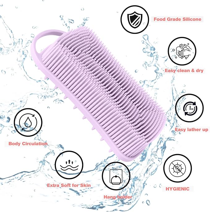 Silicone Body Scrubber, 2 in 1 Body Brush Hair Scalp Brush for Shower and Bath, Easy Clean, Lathers Well, Stimulating Blood Circulation More Hygienic Than Loofah, Fit Women Men.1Pc Lavender