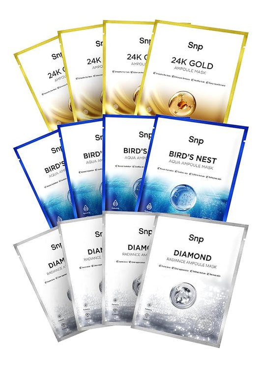 SNP Variety Ampoule Sheet Mask Set | Bird's Nest, 24K Gold, and Diamond Face Mask | Hydrating, Moisturizing, Nourishing for Sensitive Facial Skin | Korean Face Masks Skincare | 12 Sheets