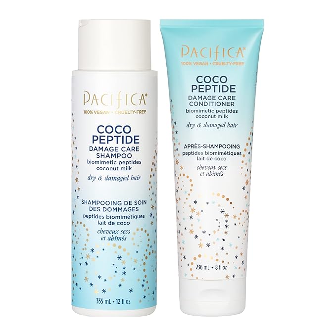 Pacifica Coco Peptide Damage Care Shampoo & Conditioner Set – Repairing Hair Care for Dry Damaged Hair Vegan Collagen & Peptides for Split Ends & Breakage Sulfate Free Clean Vegan Dermatologist Tested