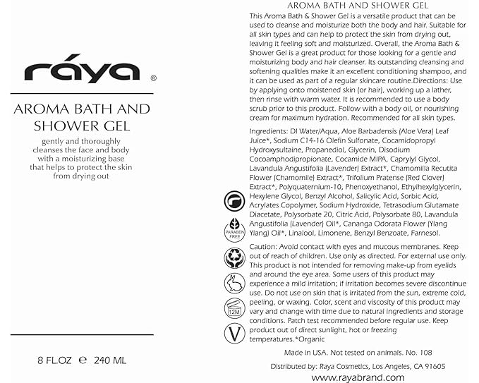 Raya Aroma Bath and Shower Gel 16 oz (108) | Gentle and Moisturizing Body Cleanser | Great for All Skin