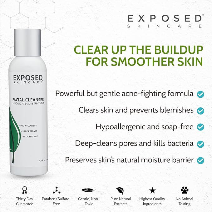 Exposed Skin Care, Acne Facial Cleanser with 0.5% Salicylic Acid for Sensitive and Acne-Prone Skin – Gentle Daily Face Wash for Breakout, Blackhead and Excess Oil – Natural, Non-toxic and Cruelty Free