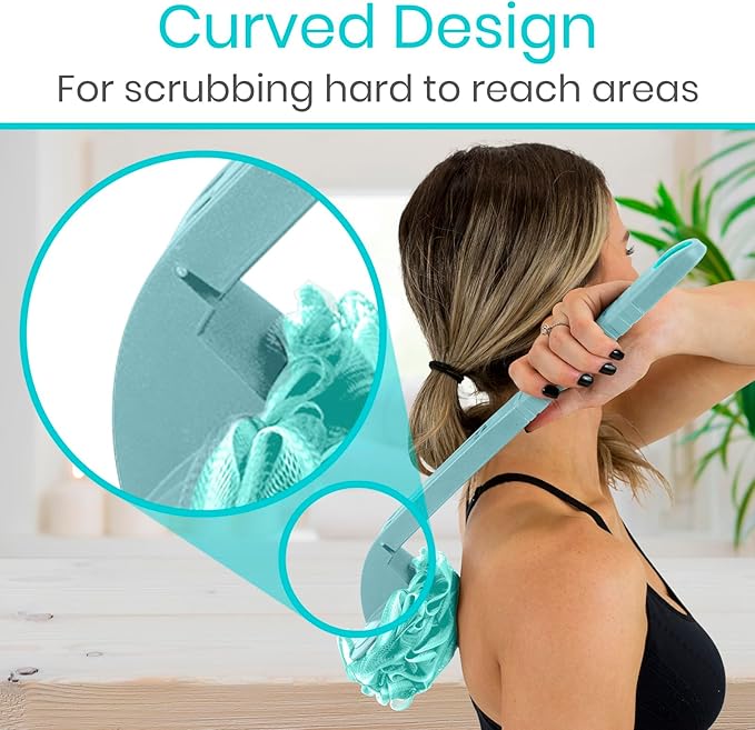 Vive Long Handled Loofah on a Stick - Mesh Back Sponge for Bath, Reusable w/Extra Pouf - Exfoliating Scrubber for Elderly & Disabled, Soft Loofa for Bathing Men & Women