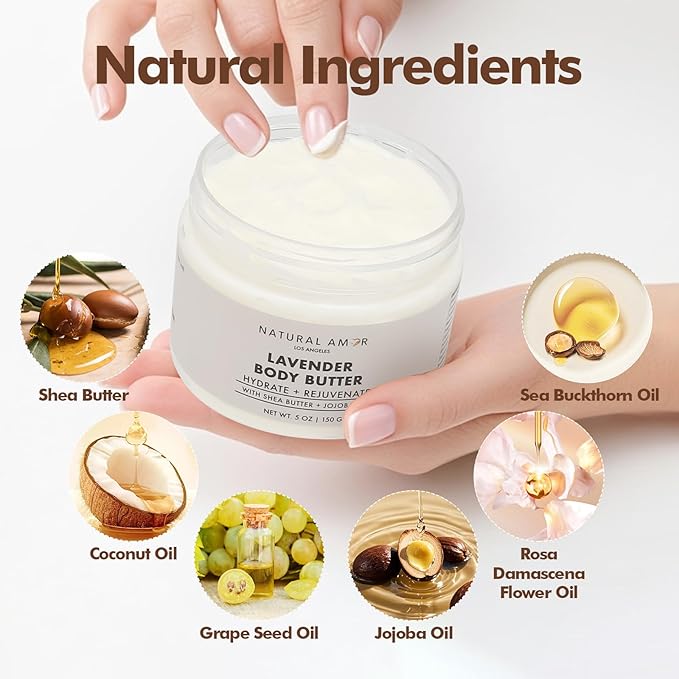 Natural Amor Lavender Body Butter with Shea Butter, Jojoba Oil – Deep Hydrating Cream for Dry Skin – Nourishing Daily Moisturizer for Women & Men – 5oz