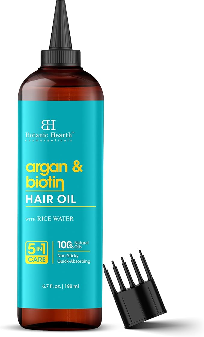 Botanic Hearth Argan & Biotin Oil to Tame Frizz and Add Shine (6.7 fl oz)|Nourishing and Strengthening Hair Treatment for Thicker, Healthier|Looking Hair | Paraben Free | Suitable for All Hair Types