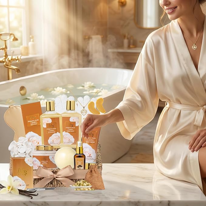 Christmas Gifts for Women - 17Pcs Vanilla Bath and Body Gift Basket Set for Women Spa Gift Baskets Spa Kit | Perfect Gifts for Valentines, Mothers Day, Birthday Gifts, Self Skin Care Gift Sets for Her