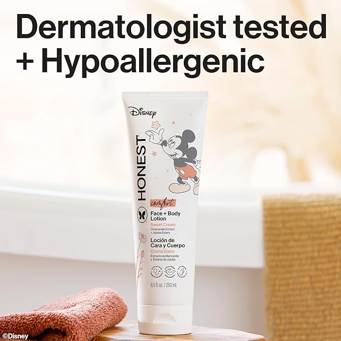 The Honest Company Moisturizing Face and Body Lotion Fast Absorbing Dermatologist Tested Hypoallergenic Disney’s Mickey Mouse Comfort Sweet Cream 8.5 fl oz