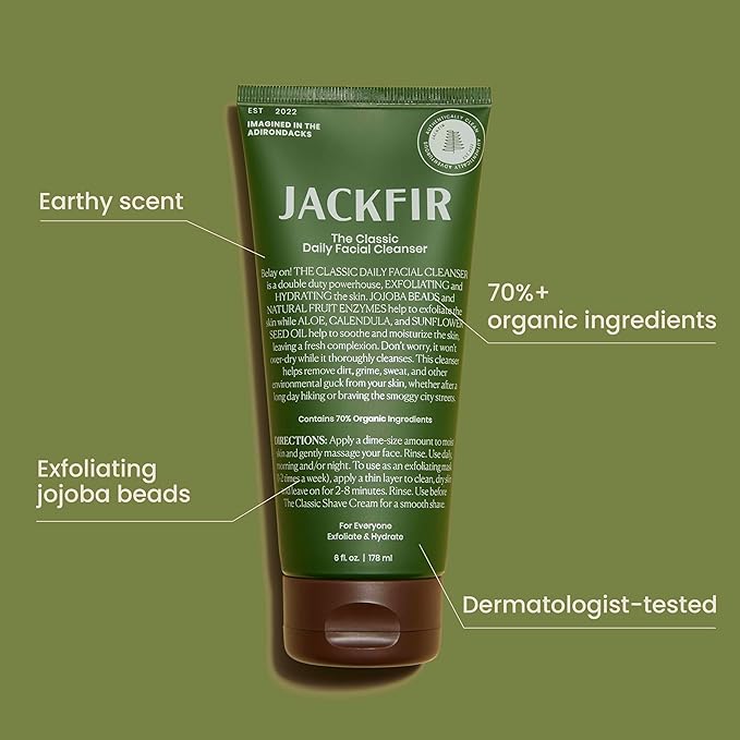 Jackfir The Classic Daily Facial Cleanser, Natural Face Wash for Men, Exfoliate and Hydrate - Jojoba Beads and Fruit Enyzmes, EWG Verified, Organic Ingredients, For All Skin Types, 6 Fl Oz