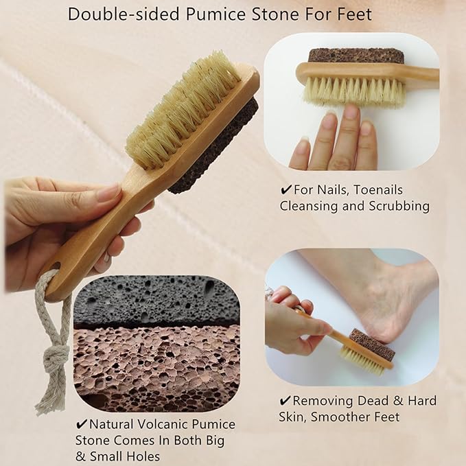 Dry Brushing Body Brush Set, Exfoliating Back Scrubber and Natural Lava Pumice Stone Brush for Feet, Horsehair Shower Brush Long Handle Detachable for Cellulite Lymphatic Improvement
