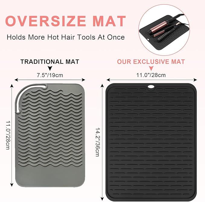 Oversize Silicone Heat Resistant Mat for Curling Irons, Flat Irons, Hair Straighteners and Hot Hair Styling Tools, Portable Hot Tools Cover Pad for Travel Vanity Salon(14.2" x 11.0")