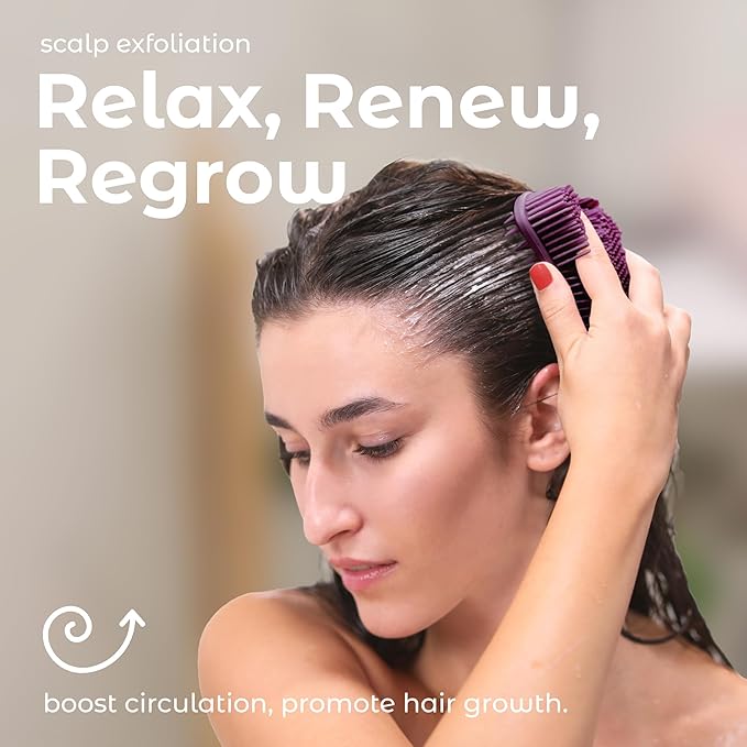 MainBasics Silicone Body Scrubber – Dual-Sided Shower & Scalp Scrubber, Gentle Silicone Loofah Alternative for Deep Clean (Purple, Scalp)