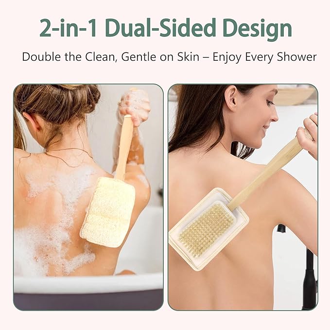 2-in-1 Shower Brush with Loofah Refill Pads, Dual-Sided Long Handle Body Scrubber with Soft & Firm Bristles and Loofah Pad Attachment, Exfoliating Back Brush for Wet or Dry Use, for Men and Women