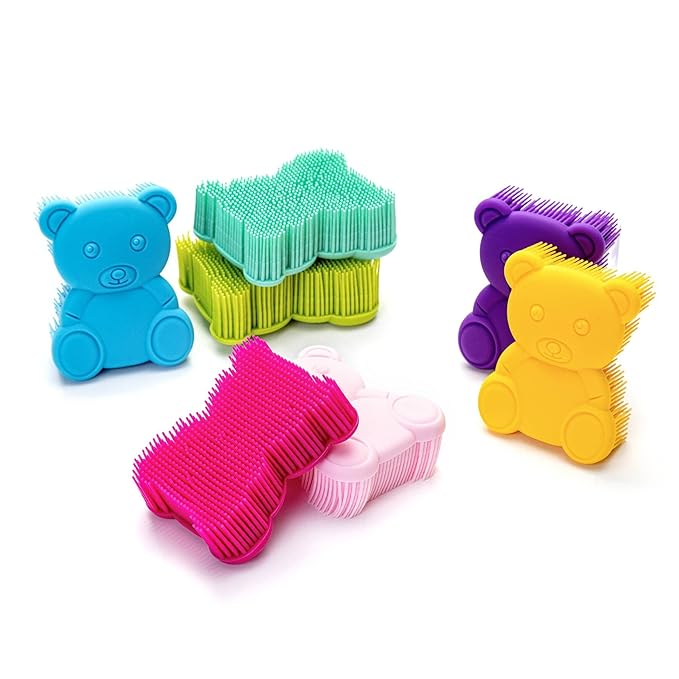 Premium Sensory Brush for Kids or Autism,Soft Silicone Body Scrubber,2 in 1 Sensory Room Occupational Therapy Sensory Brushes,Silicone Loofah,Pet Shower Brush Bath Brush Shampoo Brush(Bear-Purple)
