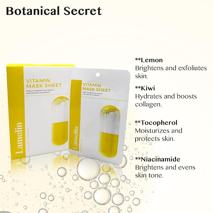 Lamelin Vitamin Niacinamide Sheet Mask, 10 Pack, Lemon Kiwi Extract Tocopherol Anti Aging Tightening Hydrating Made In Korea