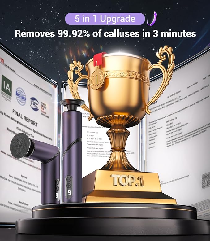 5-in-1 Professional Electric Callus Remover(Portable & Foldable), Removes 99.92% of Calluses in 3 Mins, Rechargeable Foot File Pedicure Kits with 10 & 40 Grit Pads for Soft Smooth Feet, Purple