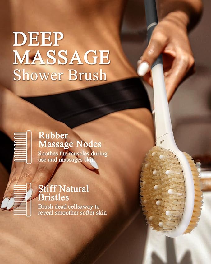 Shower Brush for Massage Dry Brushing: Back Scrubber for Shower with 18.1 in Anti Slip Long Handle - Bath Body Brush for Lymphatic Drainage Exfoliator Improving Skin Health for Women Men Elderly Black