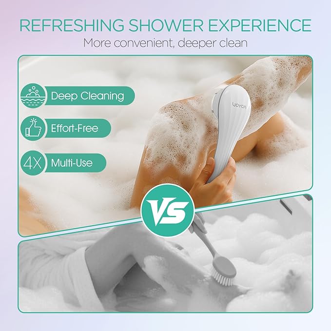 VOYOR Electric Body Brush Back Scrubber for Shower Rechargeable Exfoliating Bath Brush Powered Shower Brush with Non-Slip Long Handle Deep Cleansing, Exfoliation, Massaging Spin Brush BC100 (Grey)