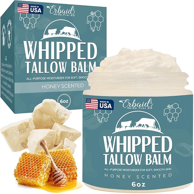 Beef Tallow Balm – Natural Grass Fed Whipped Tallow and Honey All Purpose Balm – Moisturizing Face and Body Lotion for Eczema, Cracked, Dry, Itchy, Irritated Skin – Skin Repair Skincare Made in USA