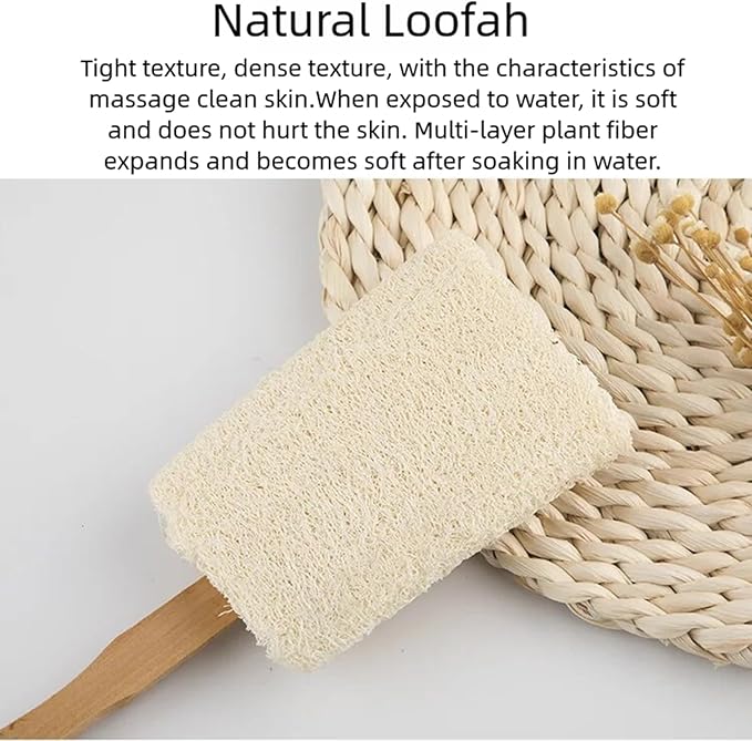 2-Pack Natural Loofah Exfoliating Bath Brush with Long Wooden Handle,Loofah Exfoliating Body Scrubber,Back Lufas for Men&Women