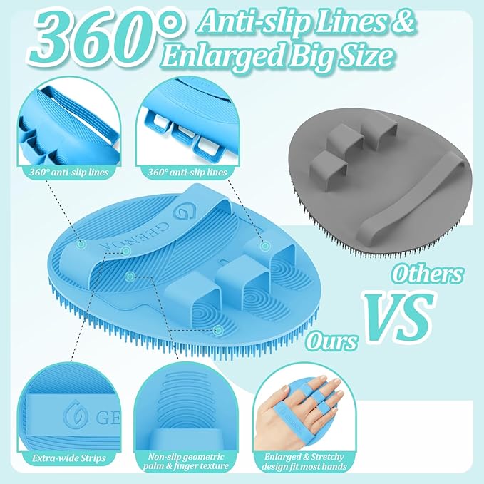 Silicone Back & Face Scrubber & Bath Glove Set 3PCS, 13.4'' Gentle Back Scrubber with Dual-Side Head, 360° Anti-Slip Bath Glove, Unique Side-bristled Face Scrubber for All-Round Cleaning(Blue)