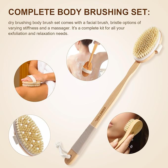 Dry Brushing Set - Natural Boar Bristle Body & Face Brush, Wooden Long Handle Scrub Brush for Cellulite & Lymphatic Drainage Body Care, Detachable, 3 Brush Heads