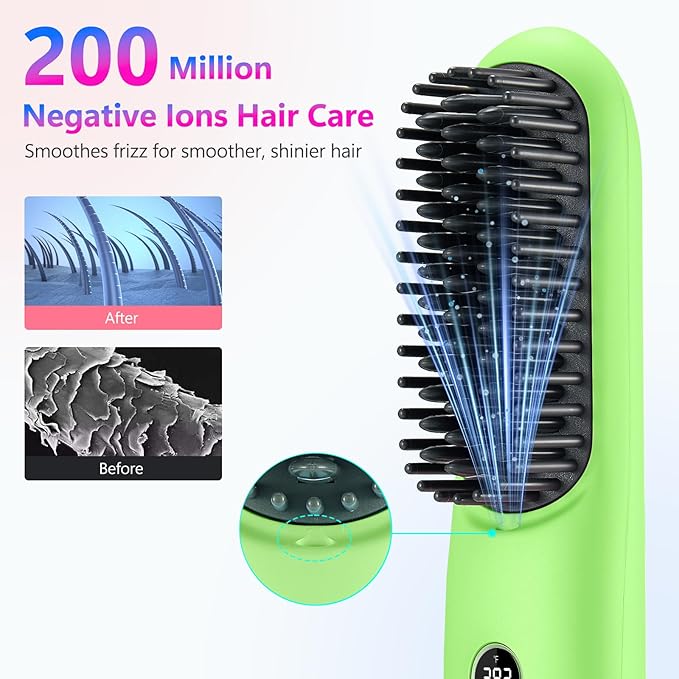 LCD Screen Cordless Hair Straightener Curler 2 in 1, Portable Mini Hair Straightening Brush for Travel Negative Ionic Fast Heating Hot Comb for Women, Folding Brush with Mirror, Green