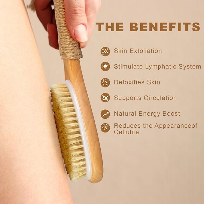 9.8" Dry Brush for Body with Anti-Slip Handle,Wet&Dry Brushing Body Brush for Body,Natural Bristles,Back Scrubber Bath Tool for Men&Women