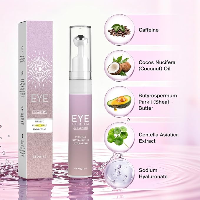 5% Caffeine Eye Serum & Under Eye Roller Cream for Dark Circles and Puffiness Eyes Care Roller Serum with 360° Massage Ball Eyes Treatment Serum for Women