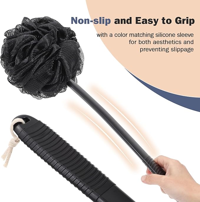 Non-Slip Back Scrubber with 17" Plastic Handle - Hand Shower Loofah & Loofah on a Stick Set, Black