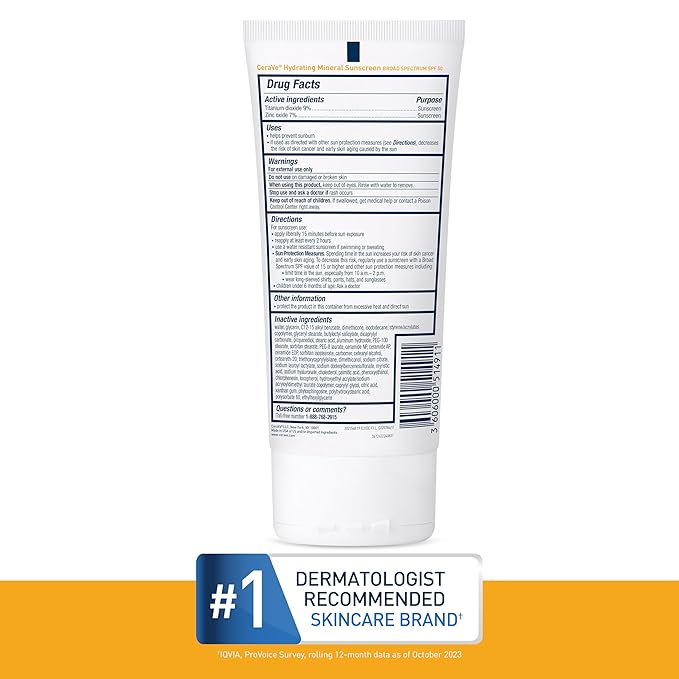 CeraVe 100% Mineral Sunscreen SPF 50 with Zinc Oxide & Titanium Dioxide, Hyaluronic Acid & Ceramides, Oil Free & Non-Greasy, Hydrating Mineral Sunscreen For Body, 5 oz