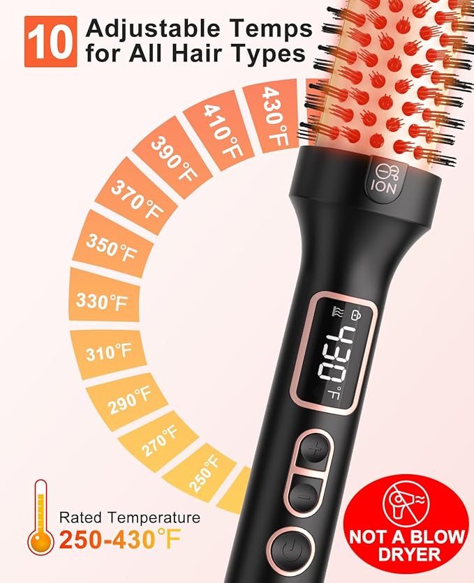 Nimmu Thermal Brush for Blowout Look, 1.5 inch Heated Round Brush, Curling Iron with 10 Temperature Control, Hot Styler Dual Voltage for Travel, Black Gold