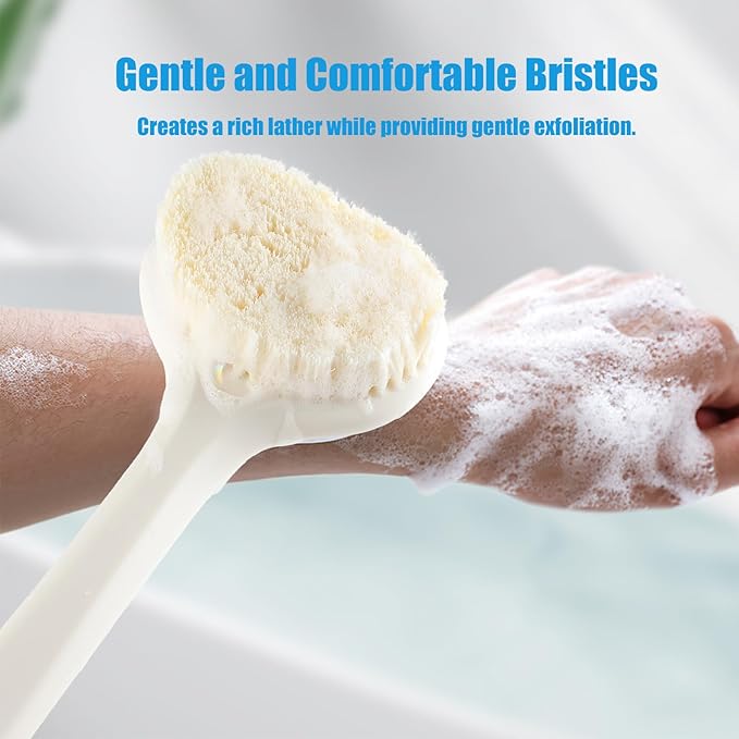 VANZAVANZU Back Scrubber for Shower, Bath Brush with 17-Inch Long Anti-Slip Handle, Wet and Dry Brushing Body Brush for Body Cleansing, Back Brush for Men and Women (Cream White)