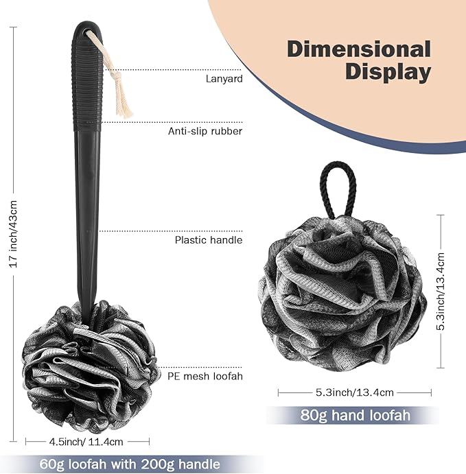 Non-Slip Back Scrubber with 17" Plastic Handle, Hand Shower Loofah & Loofah on a Stick Set, Black with White Edge