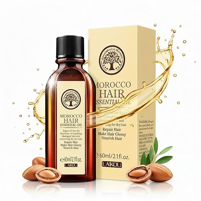 LAIKOU Moroccan Argan Hair Oil – Lightweight Leave-In Smoothing Oil for Dry, Frizzy & Damaged Hair, Anti-Frizz Shine, Split Ends Care, Heat Protection – 60ml / 2.1 fl oz