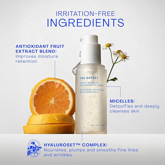 The Outset Gentle Micellar Antioxidant Cleanser - Gel Face Wash + Makeup Remover - Hydrating and Brightening - Fragrance Free for Sensitive Skin - Clean, Vegan, Gluten Free, All Skin Types - 5 fl oz