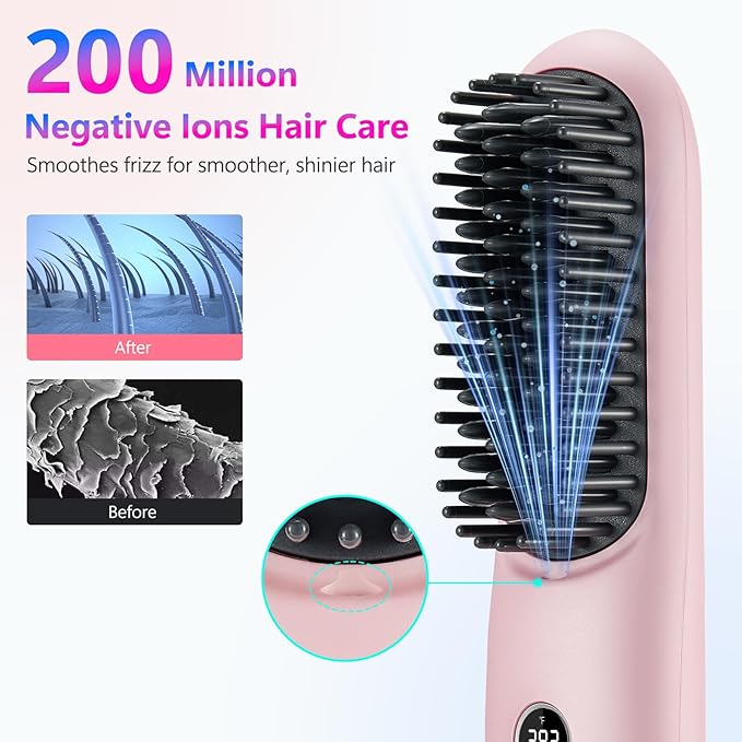 LCD Screen Cordless Hair Straightener Curler 2 in 1, Portable Mini Hair Straightening Brush for Travel Negative Ionic Fast Heating Hot Comb for Women, Folding Brush with Mirror, Pink