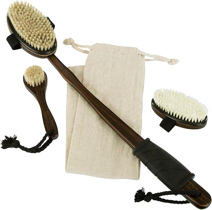 Vive Dry Brush Set for Lymphatic Drainage (3 Pieces) - Brushing Scrubber for Exfoliating, Body Cellulite and Skin Massage - 100% Natural Boar Hair Bristles, 14” Long Dark Wooden Handle w/Storage Bag