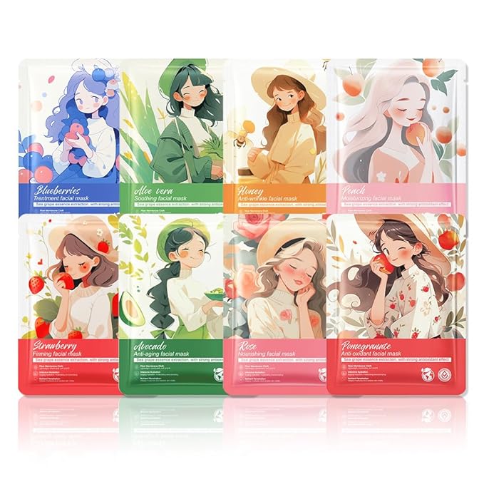 Girl Character Sheet Masks, Spa Party Facial Mask Skincare Set, Sheet Masks Skin Care, Moisturize Brighten Soothe for All Skin Types, Christmas Birthday Gifts for Women Men Girls, (8Pcs)