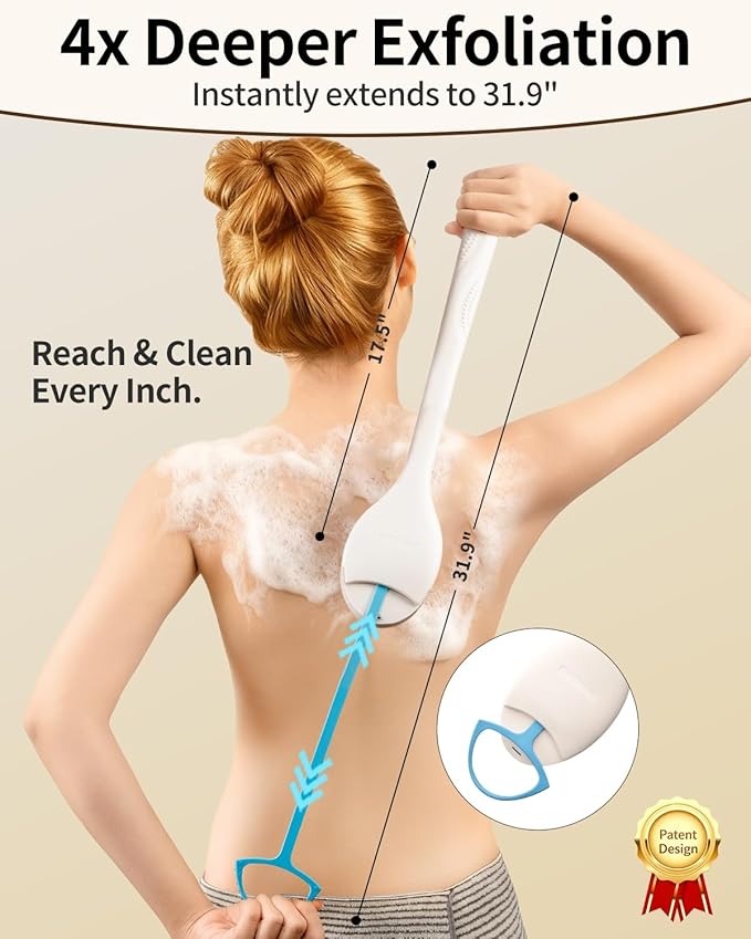BUBBLEDANCE® Back Scrubber for Shower, Shower Brush with Extendable Long Handle (17.5-31.9 Inch), Anti-Slip Body Exfoliator for Bath, Dry Brush and Massage