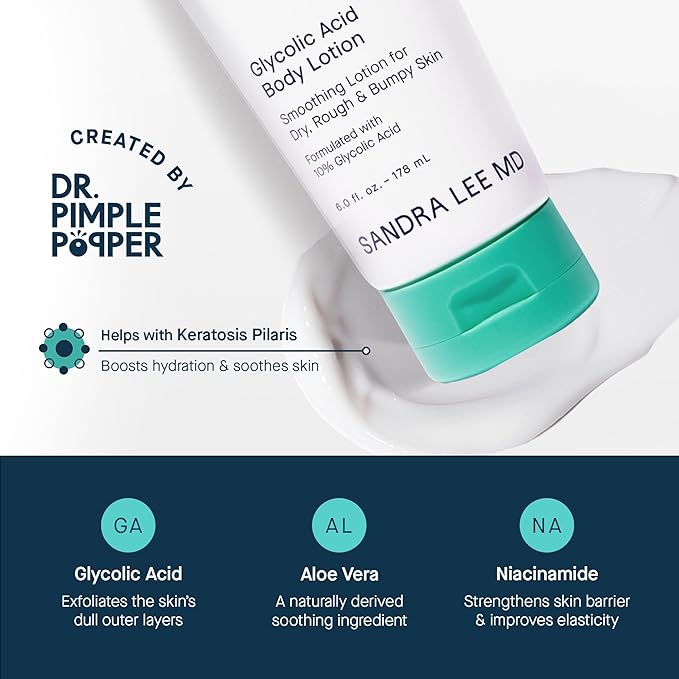 SLMD by Dr. Pimple Popper | Glycolic Acid Body Lotion | Exfoliating Glycolic Acid Lotion Body for Rough, Bumpy Skin and Skin Prone to KP, Ingrown Hairs, Shaving Bumps | 10% AHA - 6 fl. oz.