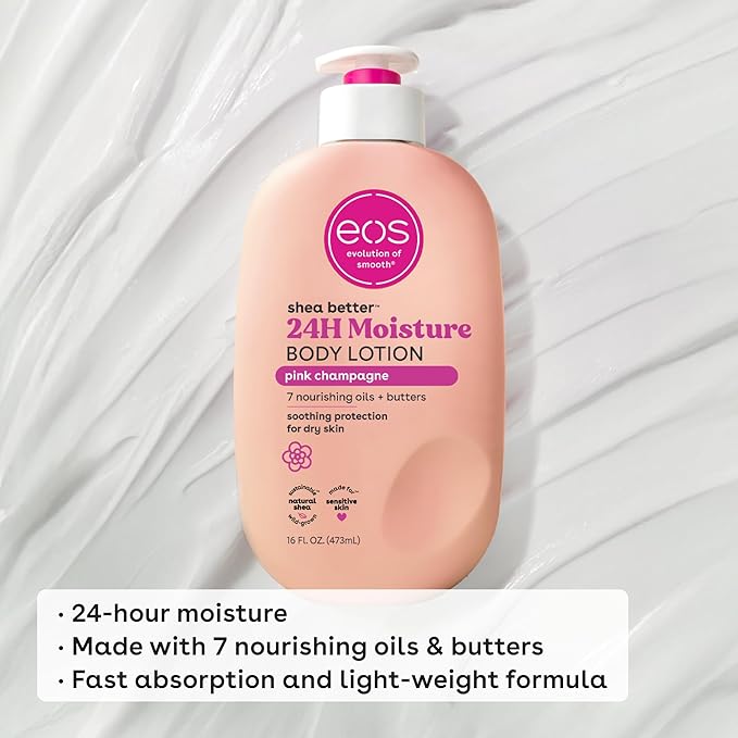 eos Shea Better Body Lotion Pink Champagne, 24-Hour Moisture Skin Care, Lightweight & Non-Greasy, Natural Shea, Vegan, 16 fl oz