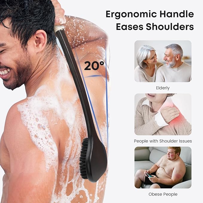 Bamboo Back Scrubber with Curved Long Handle, 17.3 Inches Exfoliating Shower Brush with Extra Stiff Bristles for Men and Women, Back Washer Body Exfoliator for Bath or Dry Brushing