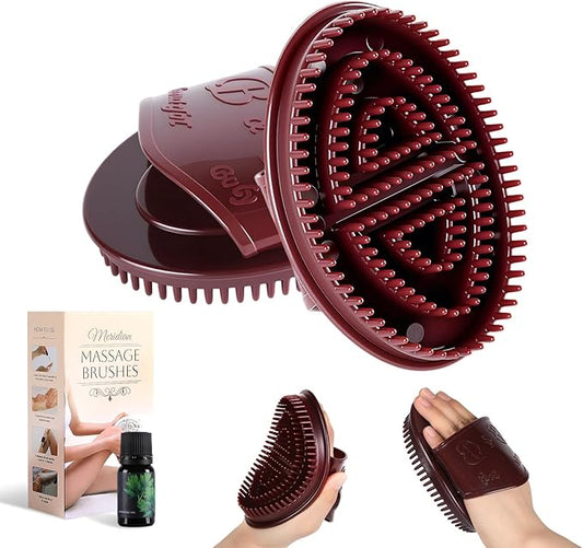 2 PCS Meridian Brush Massage Body Brush, 2025 Upgraded Meridian Massage Brushes with 10 ML Essential Oil, Full Body Relaxation Cellulite Massager Brushes for Belly, Arms, Legs, Back (Brown)